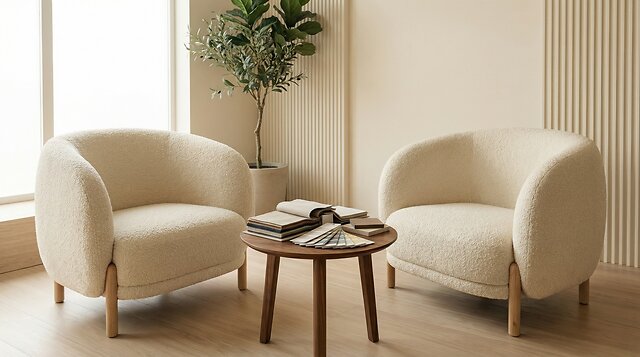 Warm consultation space with armchairs and material samples