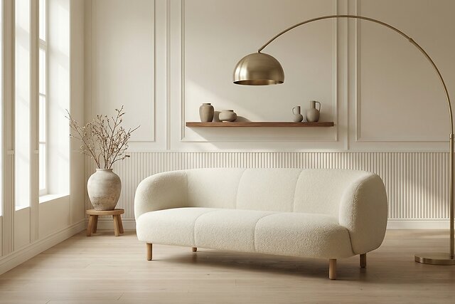 Koti living room with cream sofa and walnut shelving